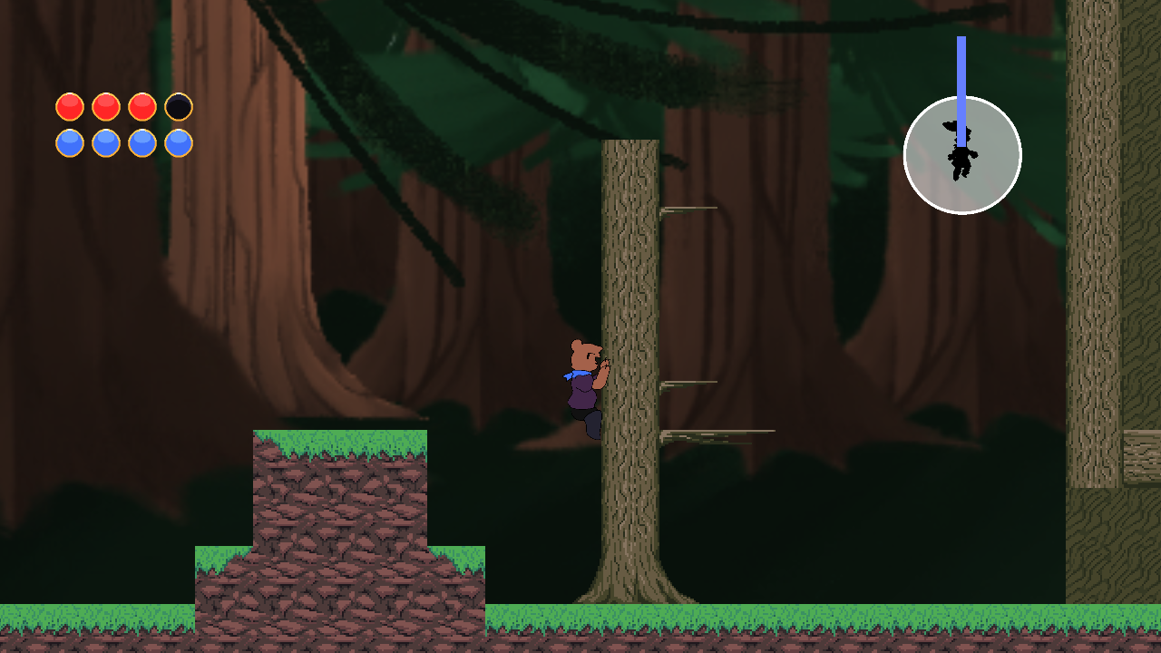 A screenshot of Bip + Bop where Bop the Bear is clinging to a tree.