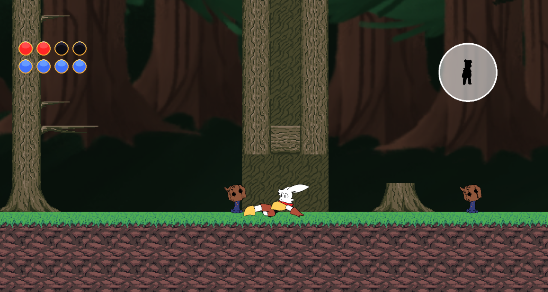 A screenshot of Bip + Bop where Bip the Rabbit is sliding into an enemy.