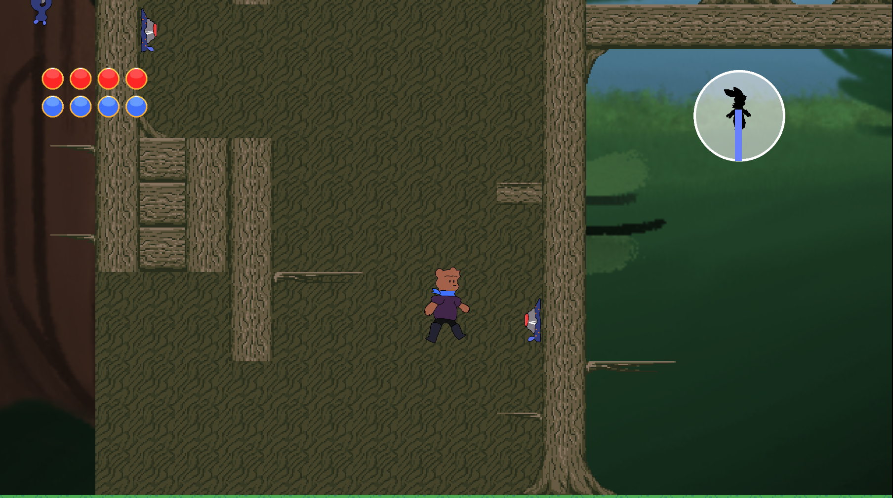 A screenshot of Bip + Bop where Bop the Bear is ascending through a hollowed-out tree.