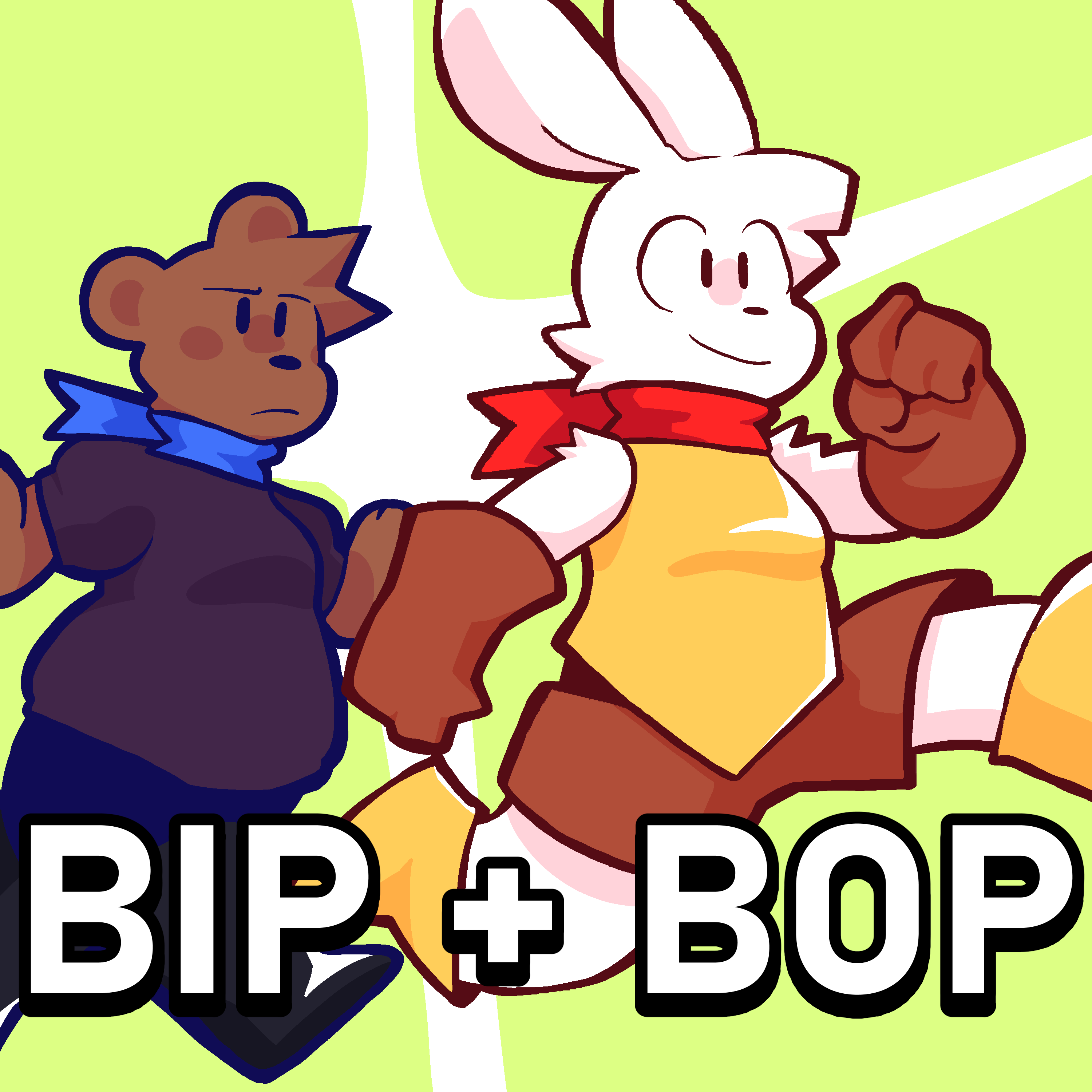 Bip the Rabbit and Bop the Bear are shown running against a lime green background. 'Bip + Bop' is written in bold text at the bottom of the image.