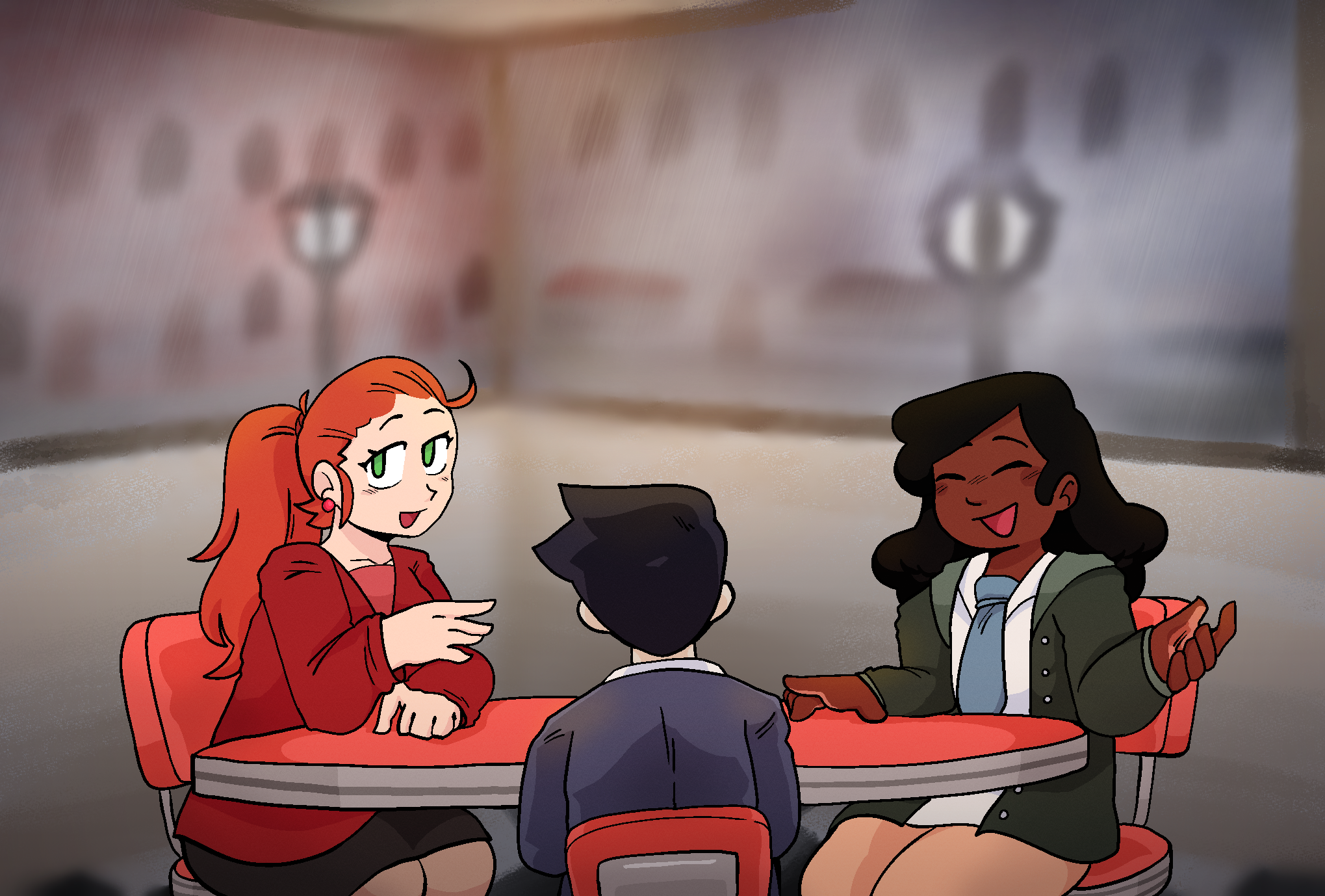 Artwork drawn to commemorate Commonplace's one-year anniversary of release. It depicts the in-game scene of Sam, Rachel, and Tracy visiting the diner.