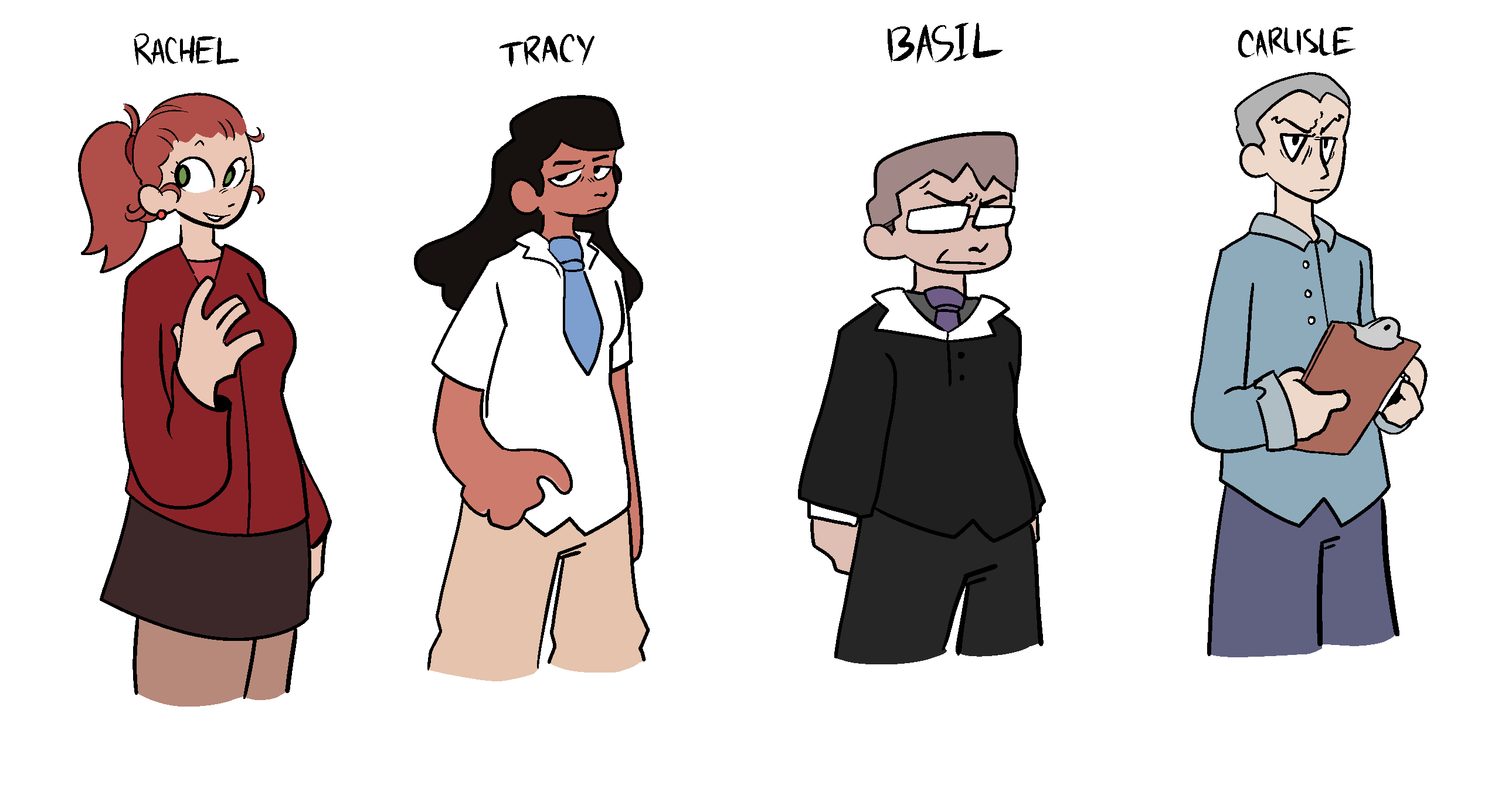 Early iterations of the Commonplace characters Rachel, Tracy, Basil, and Carlisle.