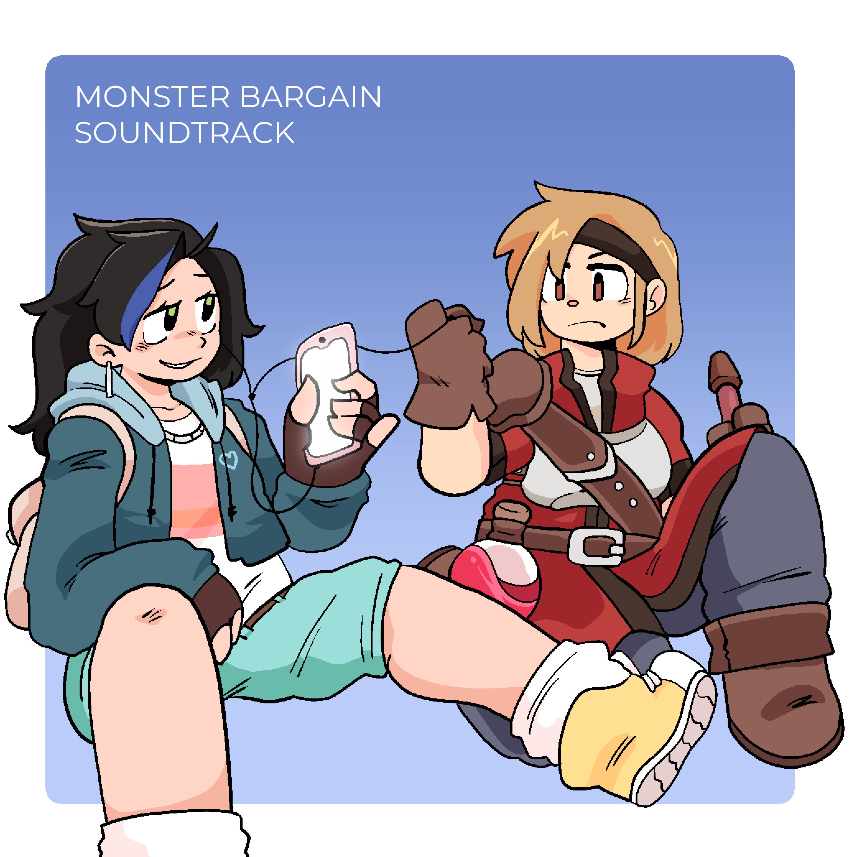 The modern hero from Monster Bargain is sharing her earphones with the fantasy hero. They are listening to music together.