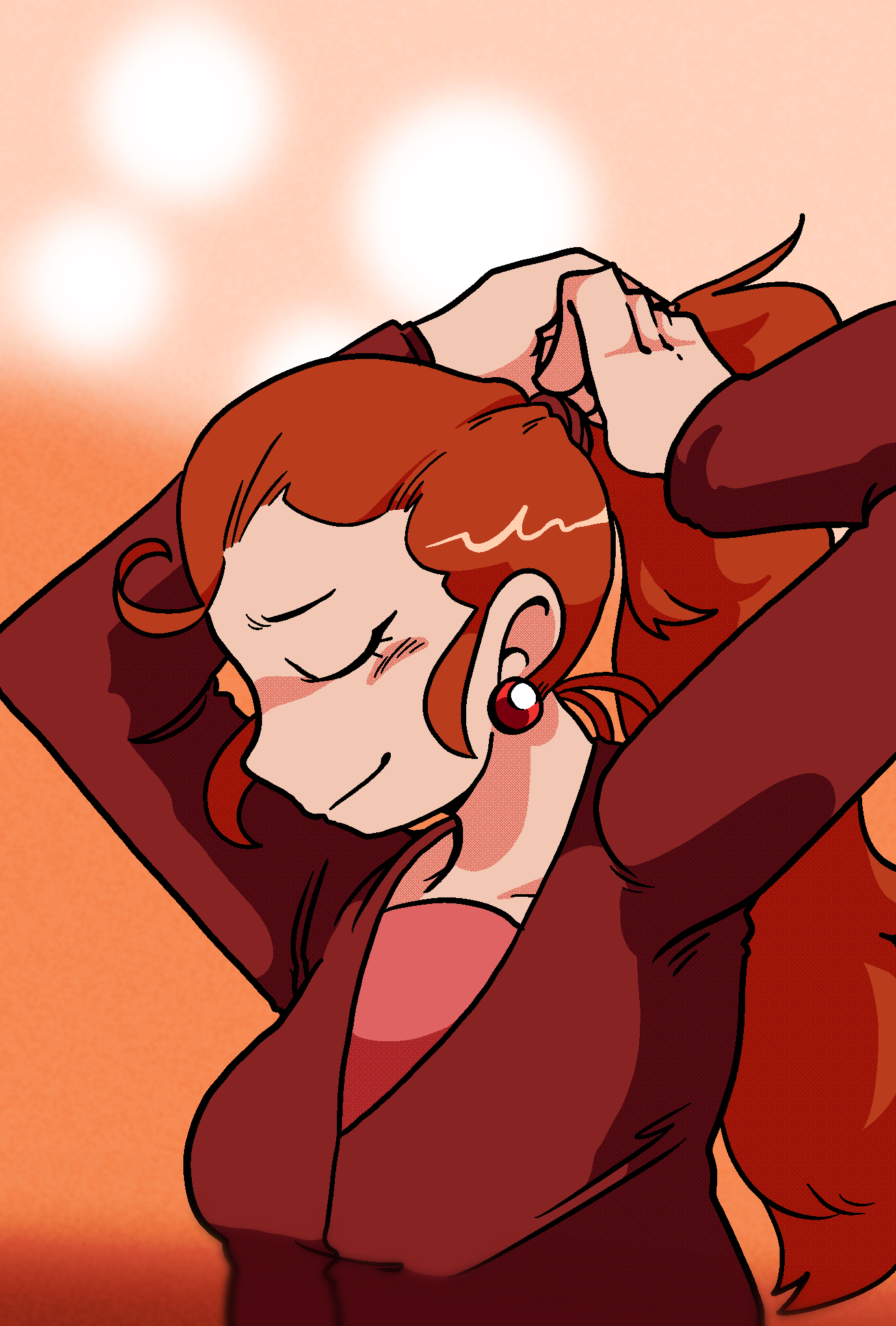 Rachel from Commonplace, gently tying her red hair up in a ponytail.