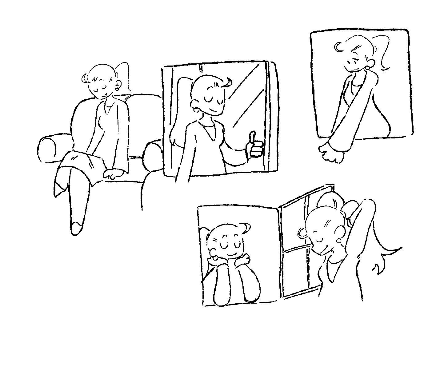 Various concept sketches of Rachel from Commonplace performing various casual actions, like sitting on a sofa and opening a door.