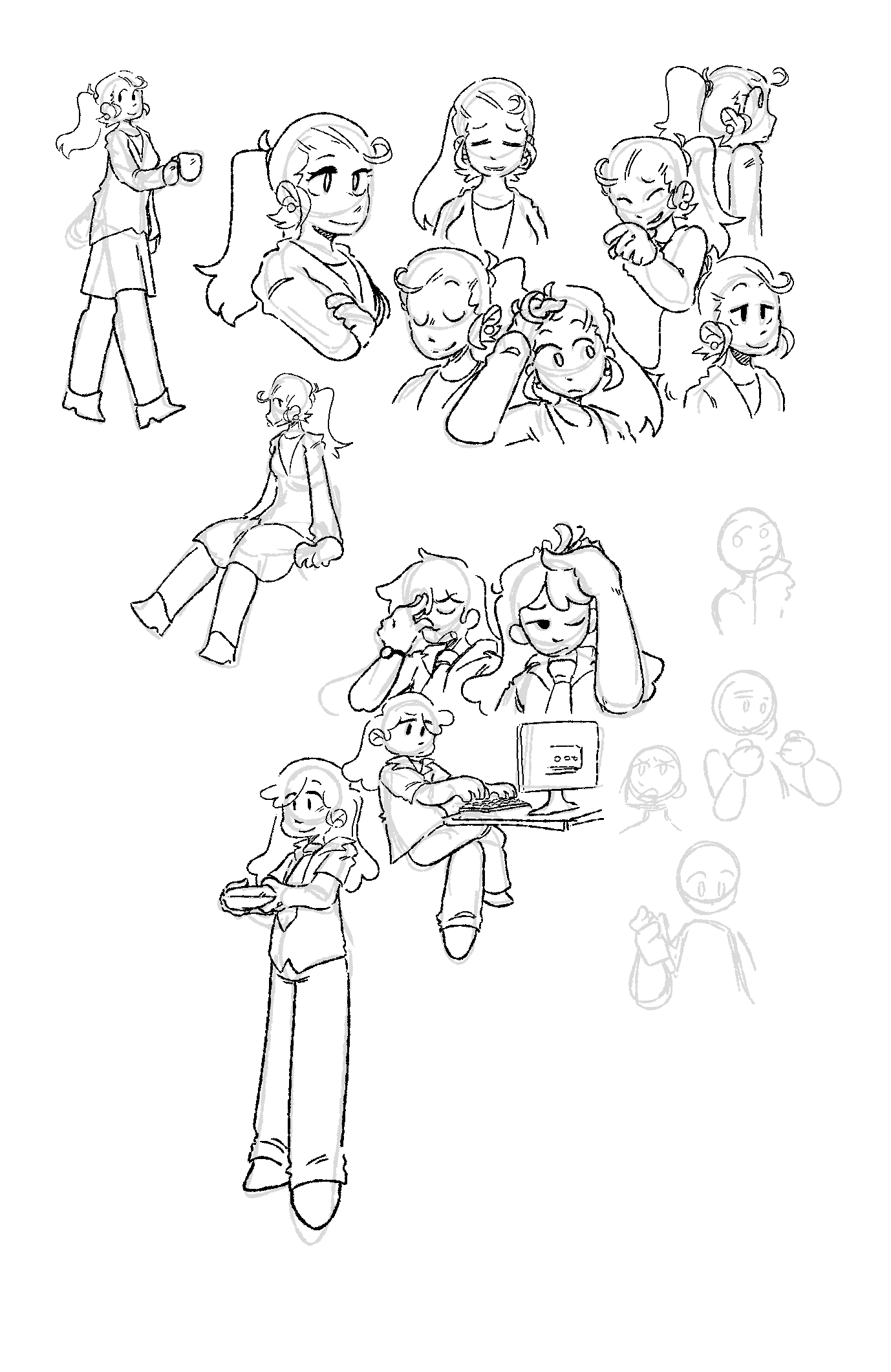 Various sketches of Rachel and Tracy from Commonplace, all in different poses to portray their personalities.