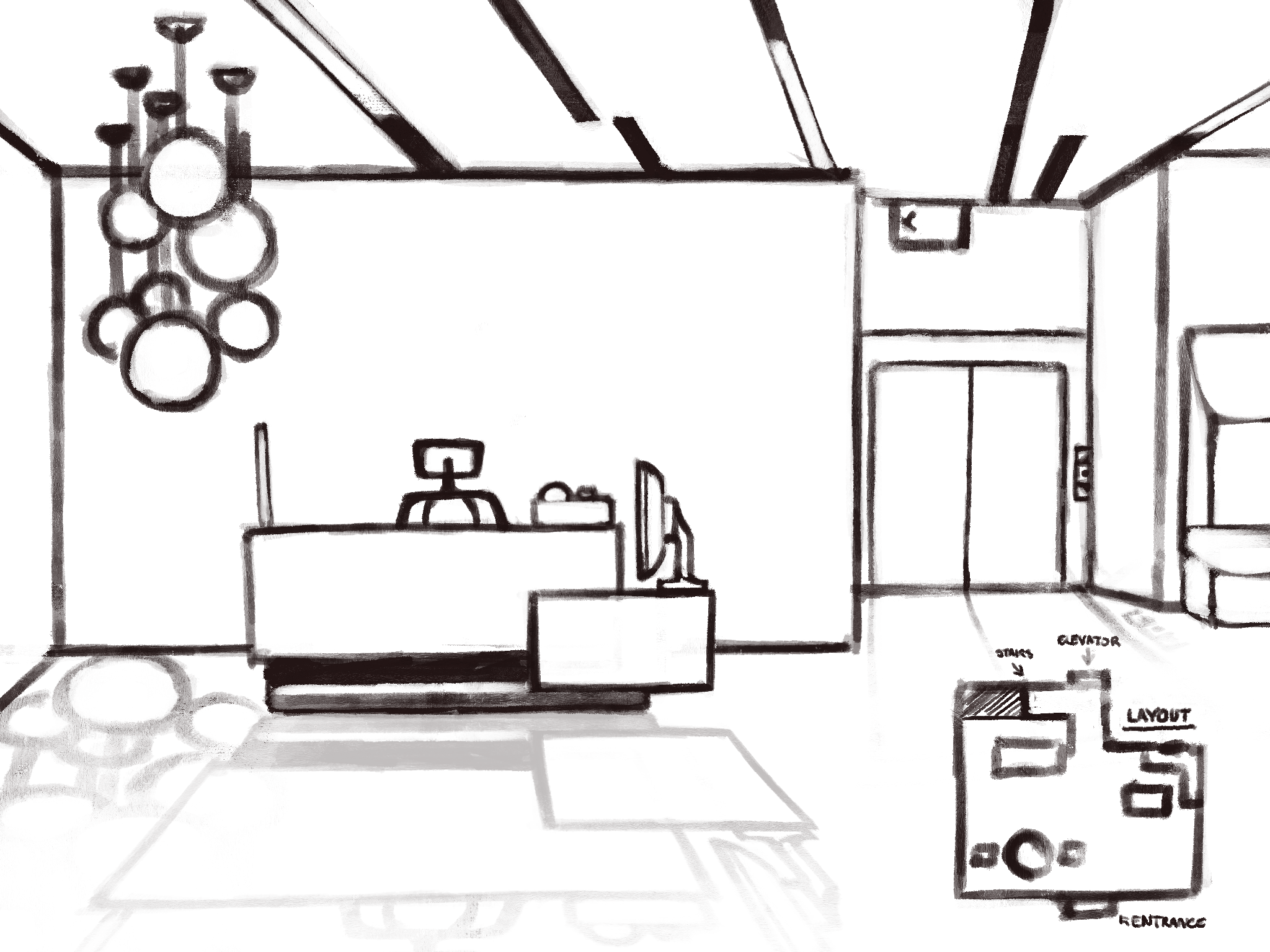 Concept art for the rececption room from Commonplace. It was drawn by Katherine Amersbach