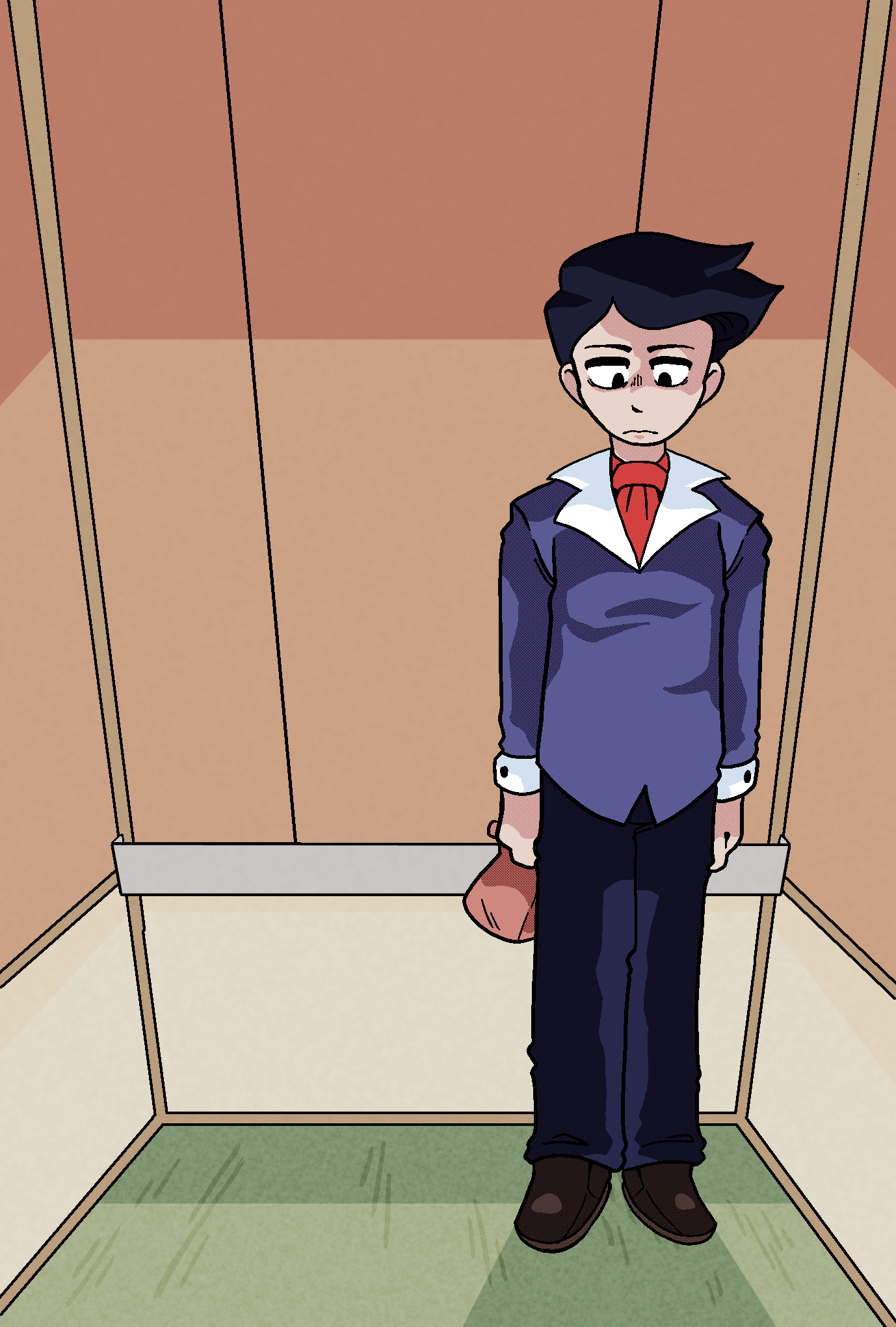 Sam from Commonplace, standing quietly alone in an elevator.