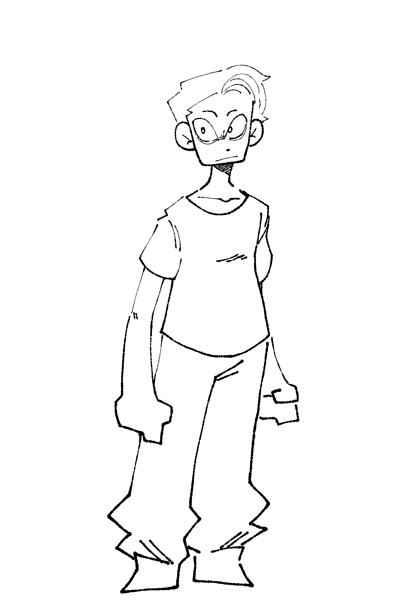 The initial design sketch of Sam from Commonplace. They are wearing a simple shirt and pants, and their hair is disheveled.