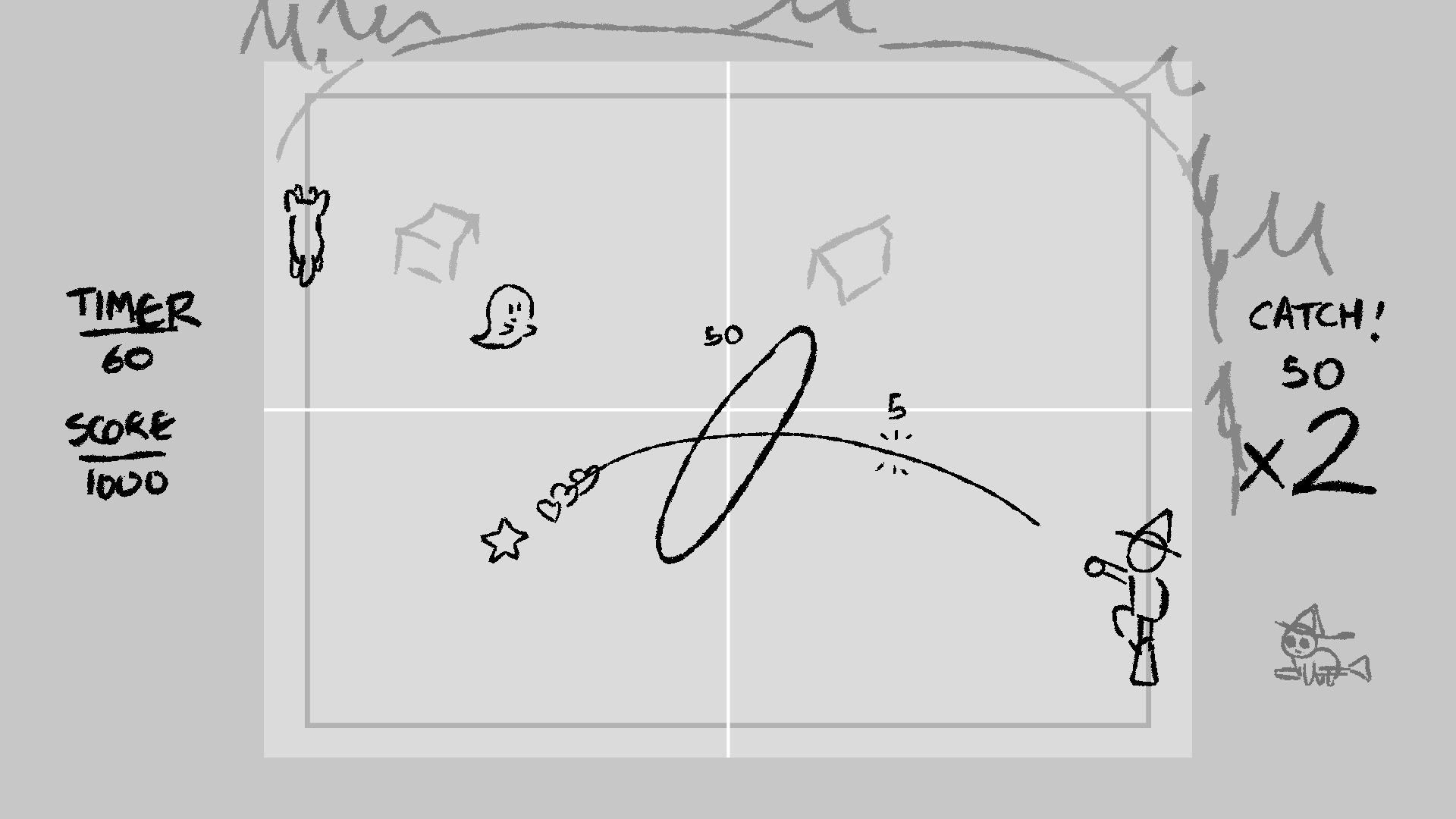 A gameplay screen mockup with a witch throwing a heart through a hoop. A timer, score counter, and combo indicator are also on the screen.