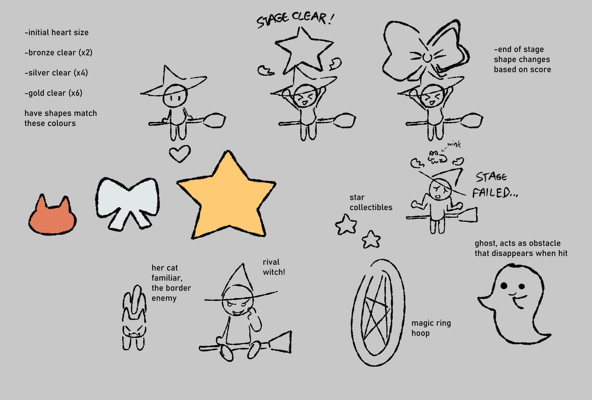 Sketches of various gameplay elements such as stars, ribbons, cats, witches, a hoop and a ghost.