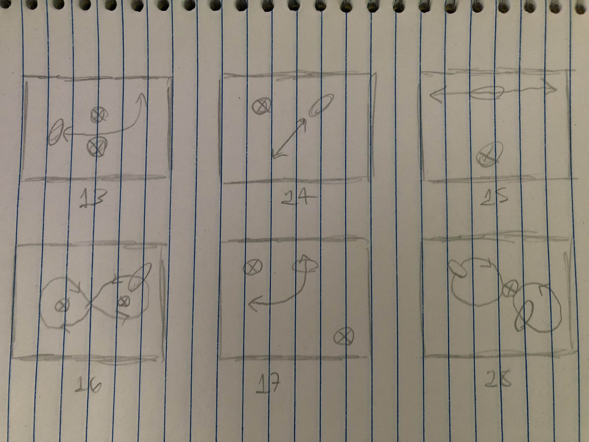 Sketches of stage layouts, drawn physically inside a lined notebook.