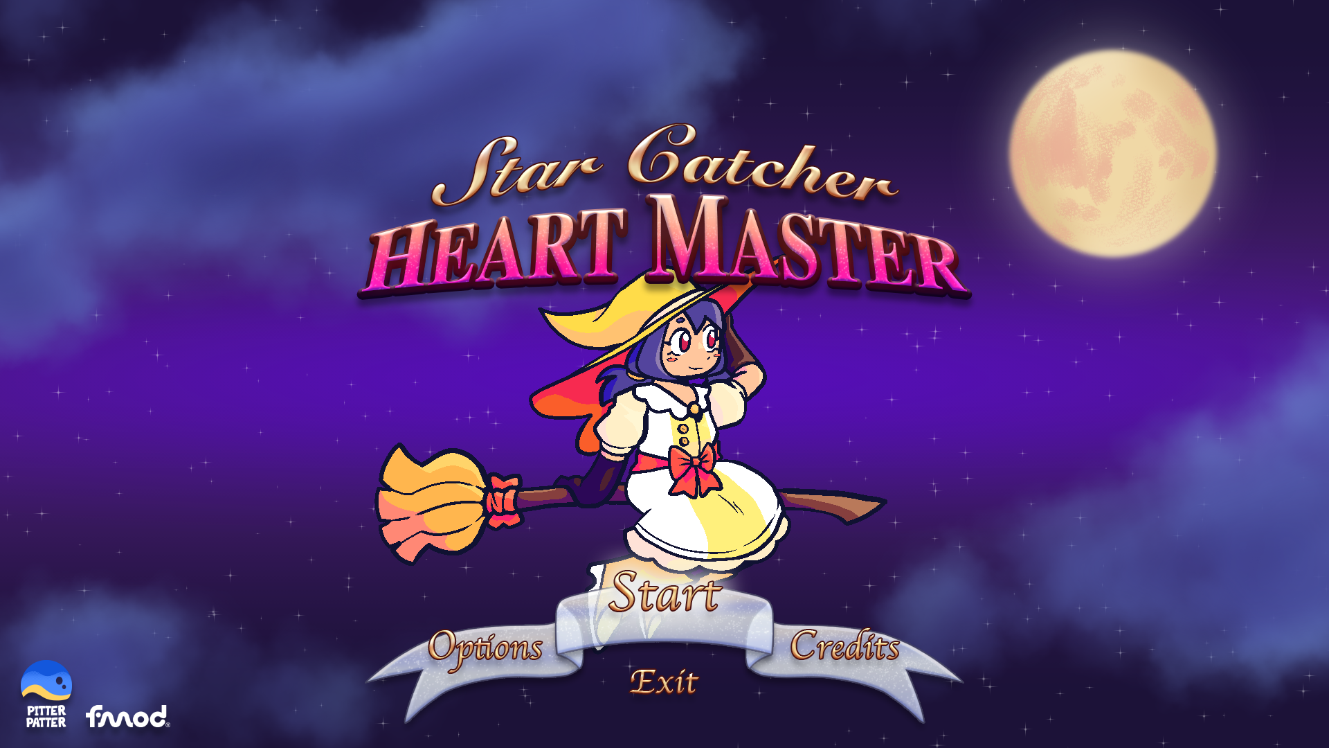 The title screen from STAR CATCHER: HEART MASTER; Lucy is flying on her broomstick against the indigo-violet night sky. The moon hangs overhead as well as a logo reading STAR CATCHER: HEART MASTER, with various selectable options rested at the bottom of the screen.